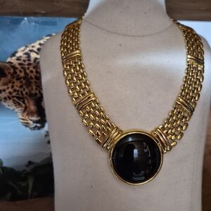 Napier 90's Gold Necklace with Black Centerpiece